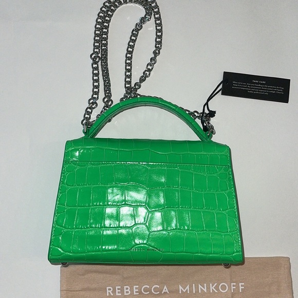 Rebecca Minkoff Croc Embossed Leather Crossbody Bag Neon Green NWT - Picture 8 of 17